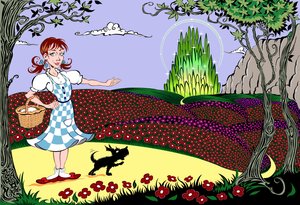 The Wonderful Wizard of Oz: Dorothy and Toto on the Yellow Brick Road on the way to the Emerald City